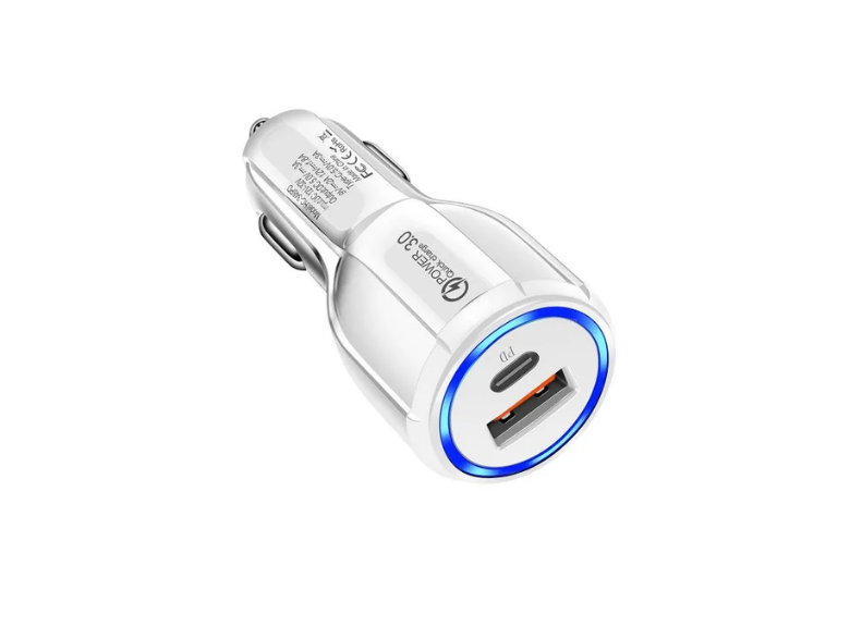 HR Products - CAR - USB & Type C - Dual Port - Adapter - QC 3.0 Amp + PD 20W - WHITE
